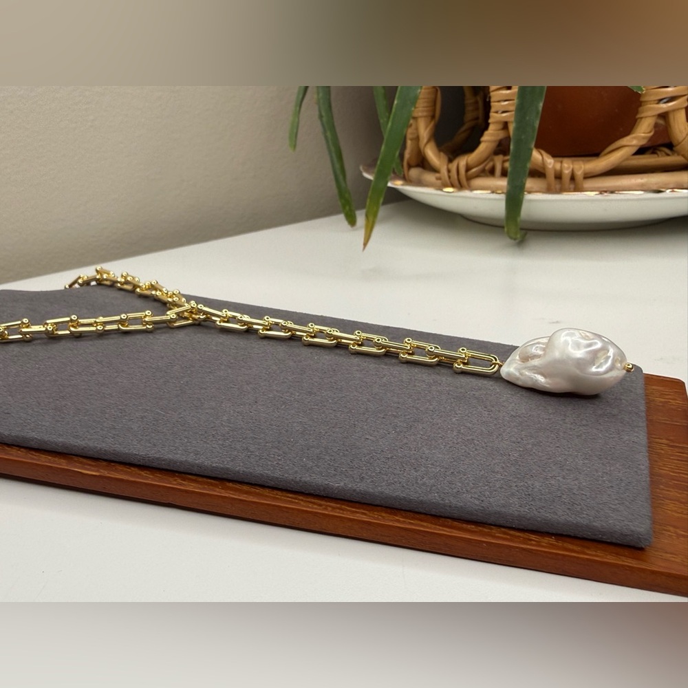Vanessa Mooney Gold Bar Link Chain Baroque Pearl Lariat Necklace Statement - Picture 4 of 8
